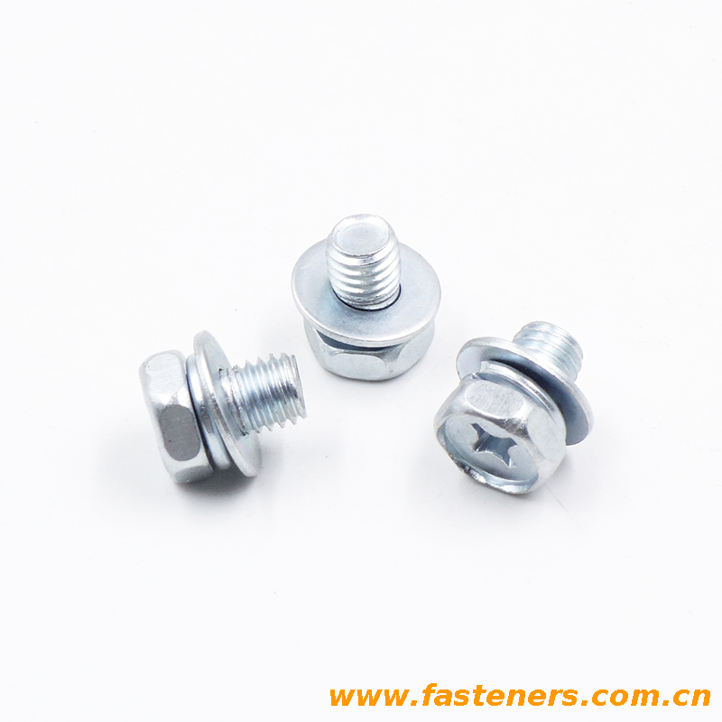 Cross Recessed Hexagon Bolt With Indentation And Single Coil Spring Lock Washer Assemblies
